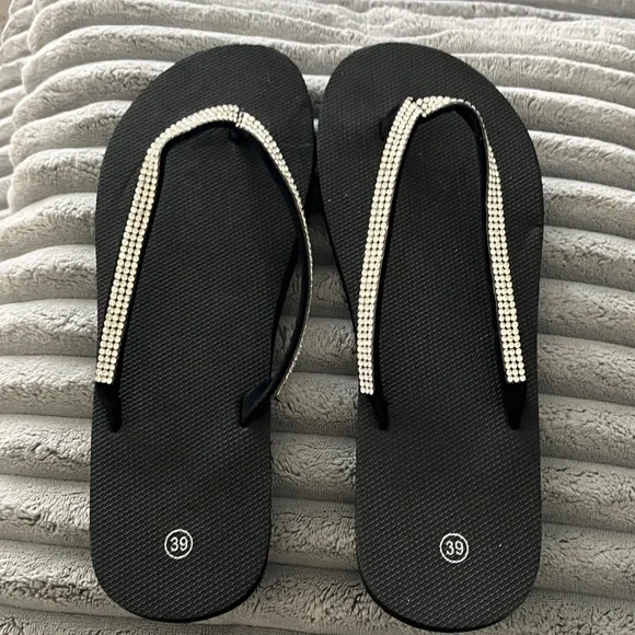 Black Rhinestone Flip-Flop Sandals - 39 - Picture 2 of 3